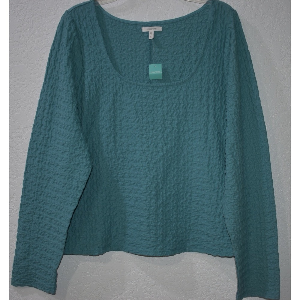Maurices 1X Top Stretch Textured Scoop Neck Long Sleeve Teal Blue NEW w/tags